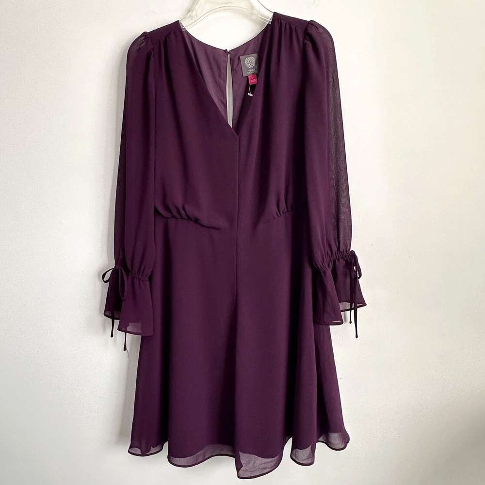 Vince Camuto Fit & Flare Dress‎ 4 Purple V Neck Tie Cuff Party Cocktail Dressy